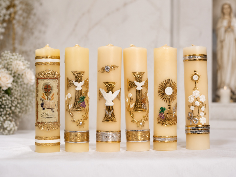 Cirios de sacramentos decorados a mano en el taller Santa María